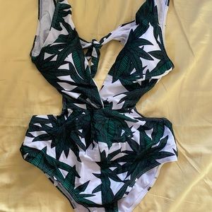 White/Green Palm Print Monokini